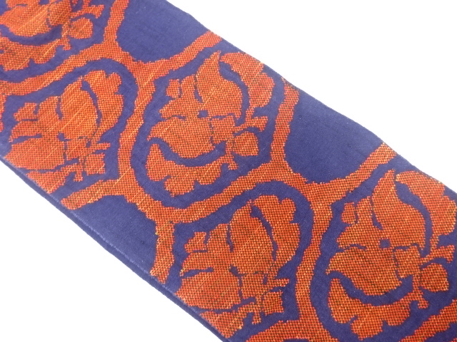 アンティーク　手織り紬　網目に唐花模様織り出し名古屋帯（着用可）